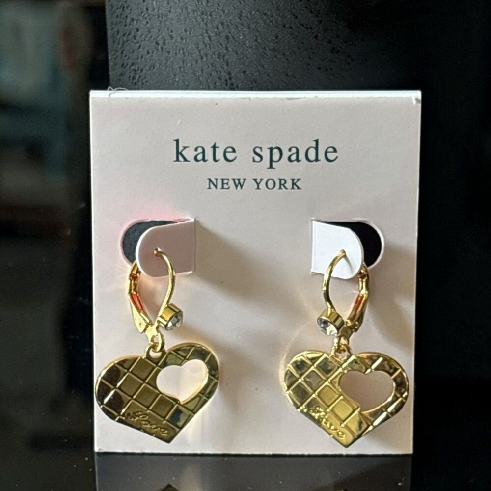 KATE SPADE NEW YORK Gold Heart Lattice Drop Earrings Crystal NWT